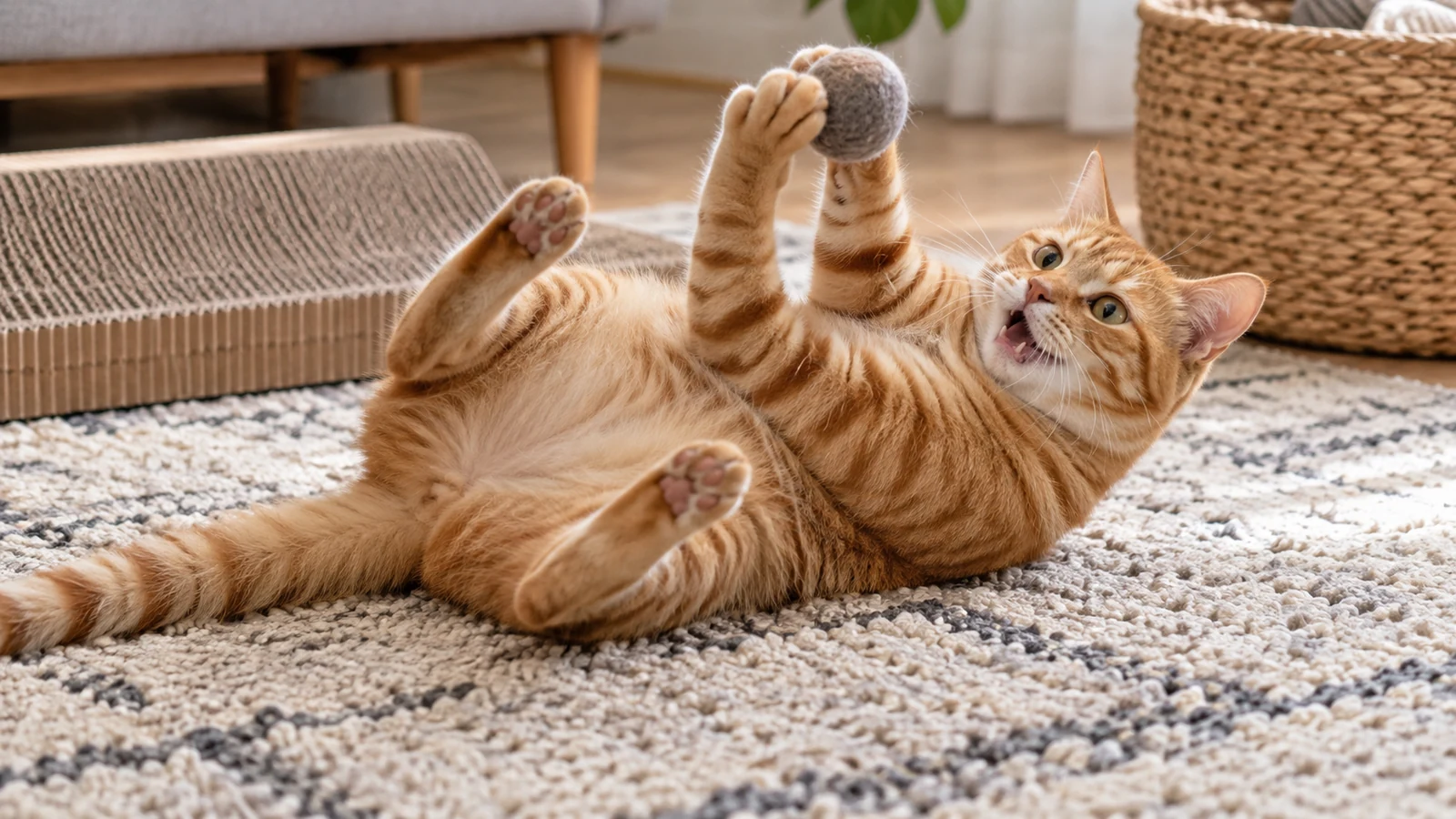 Orange mackerel-tabby cat rolling on a rug and batting a felt ball