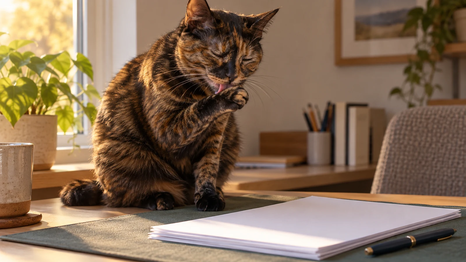 Tortoiseshell cat grooming a raised paw beside blank household paperwork