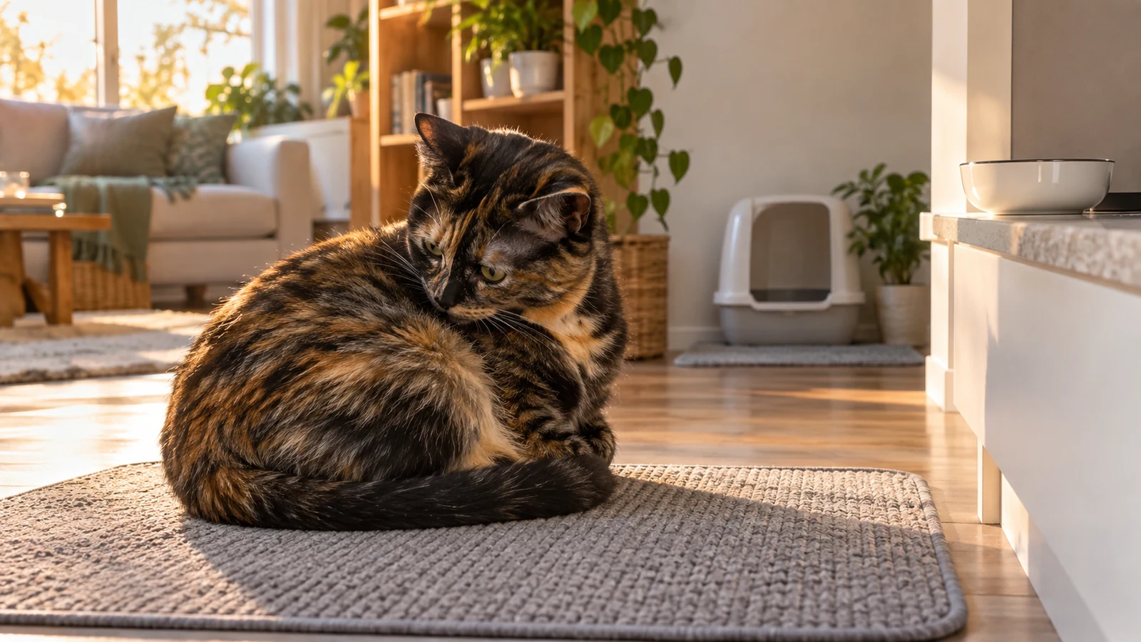 Tortoiseshell cat calmly glancing toward its abdomen while resting on a washable mat