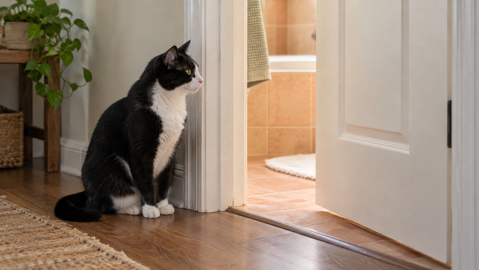 A cat sits calmly outside a partly closed bathroom door
