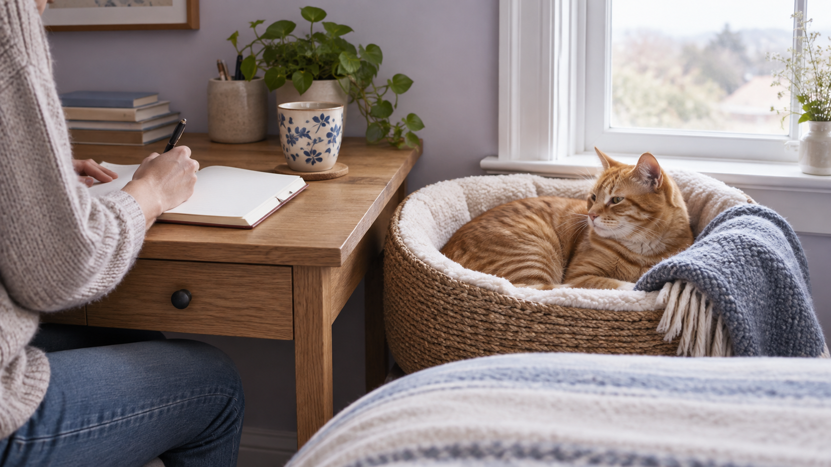 A caregiver notes a cat’s daily behavior beside a safe resting place