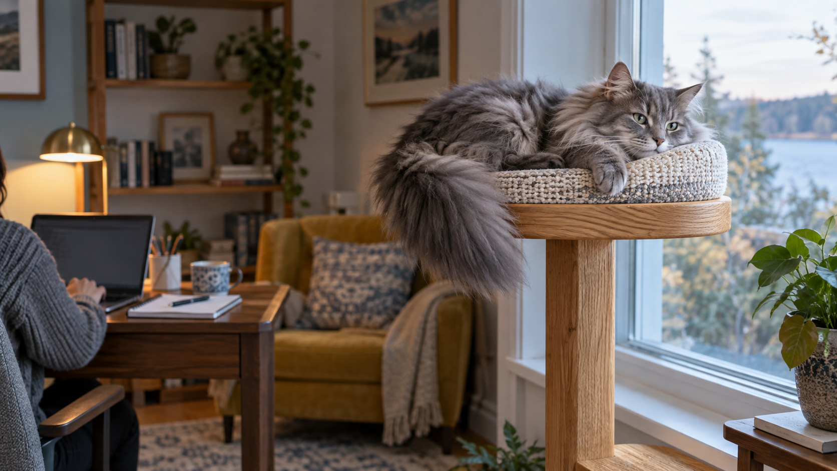 A cat rests on a high perch while a person works nearby