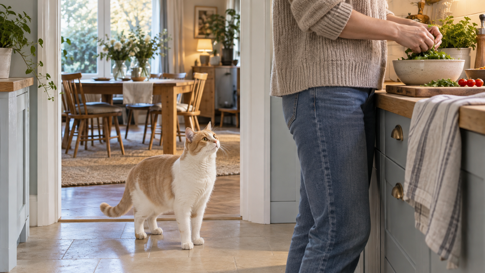 A relaxed cat waits near a kitchen doorway while a caregiver prepares food