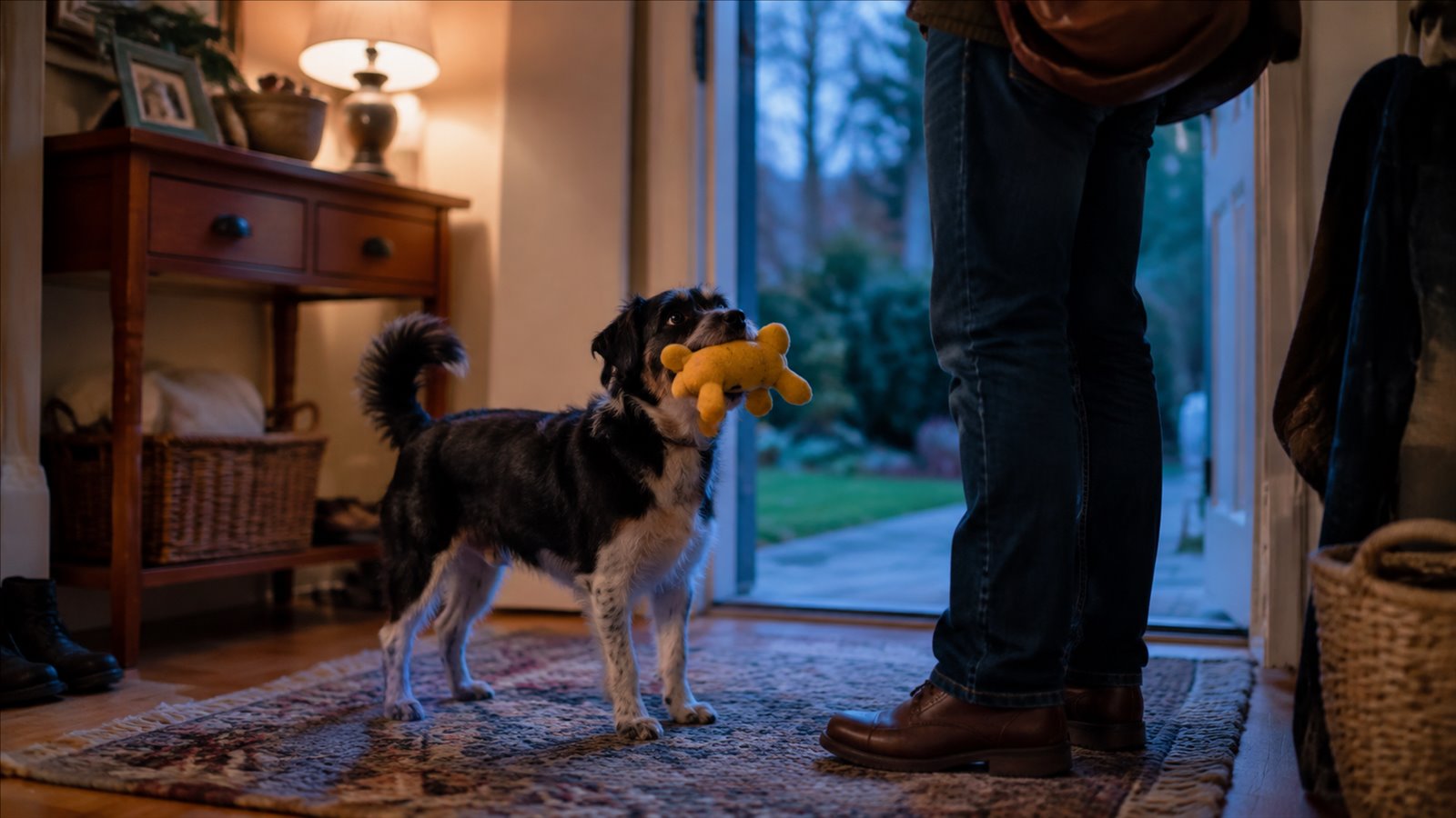 A small black-and-white dog holds a yellow plush toy in a warmly lit entryway
