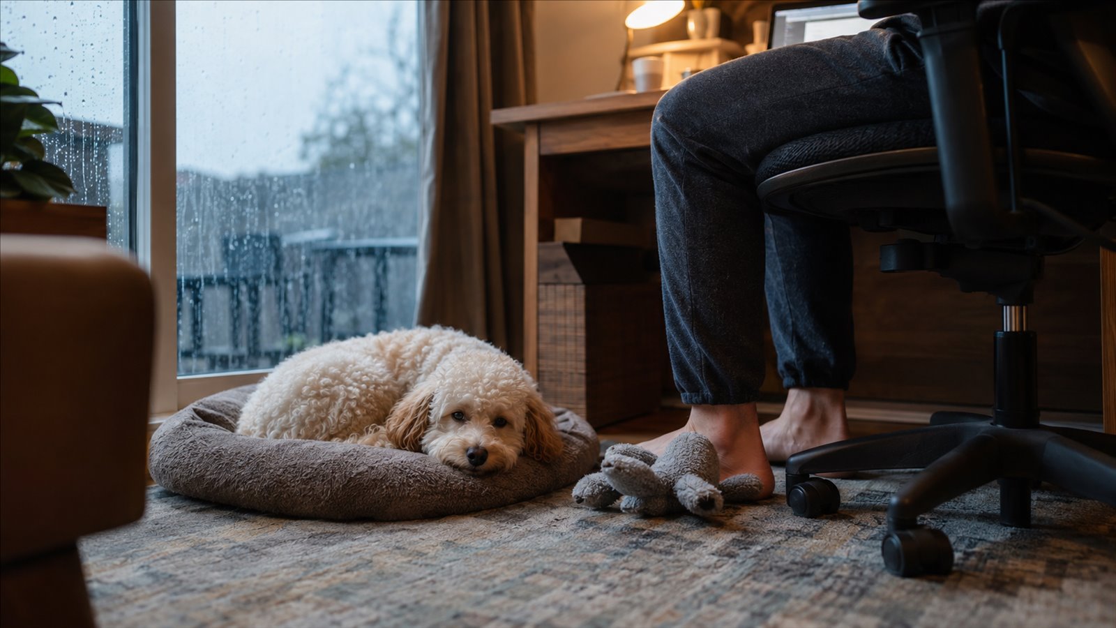 A small white-and-apricot dog rests beside a desk with a soft gray toy nearby