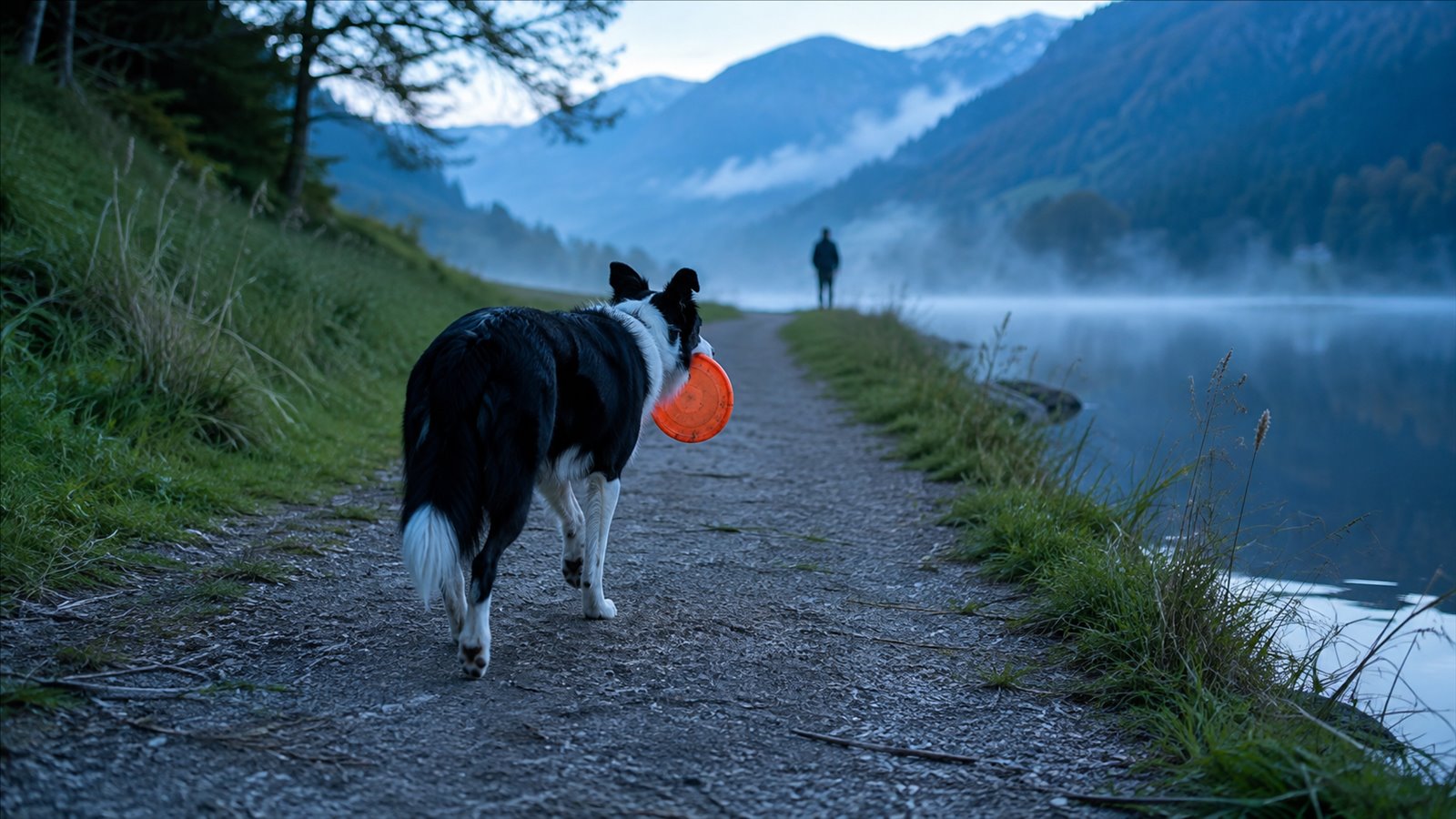 A border collie carries an orange frisbee along a misty lakeside path toward a waiting person