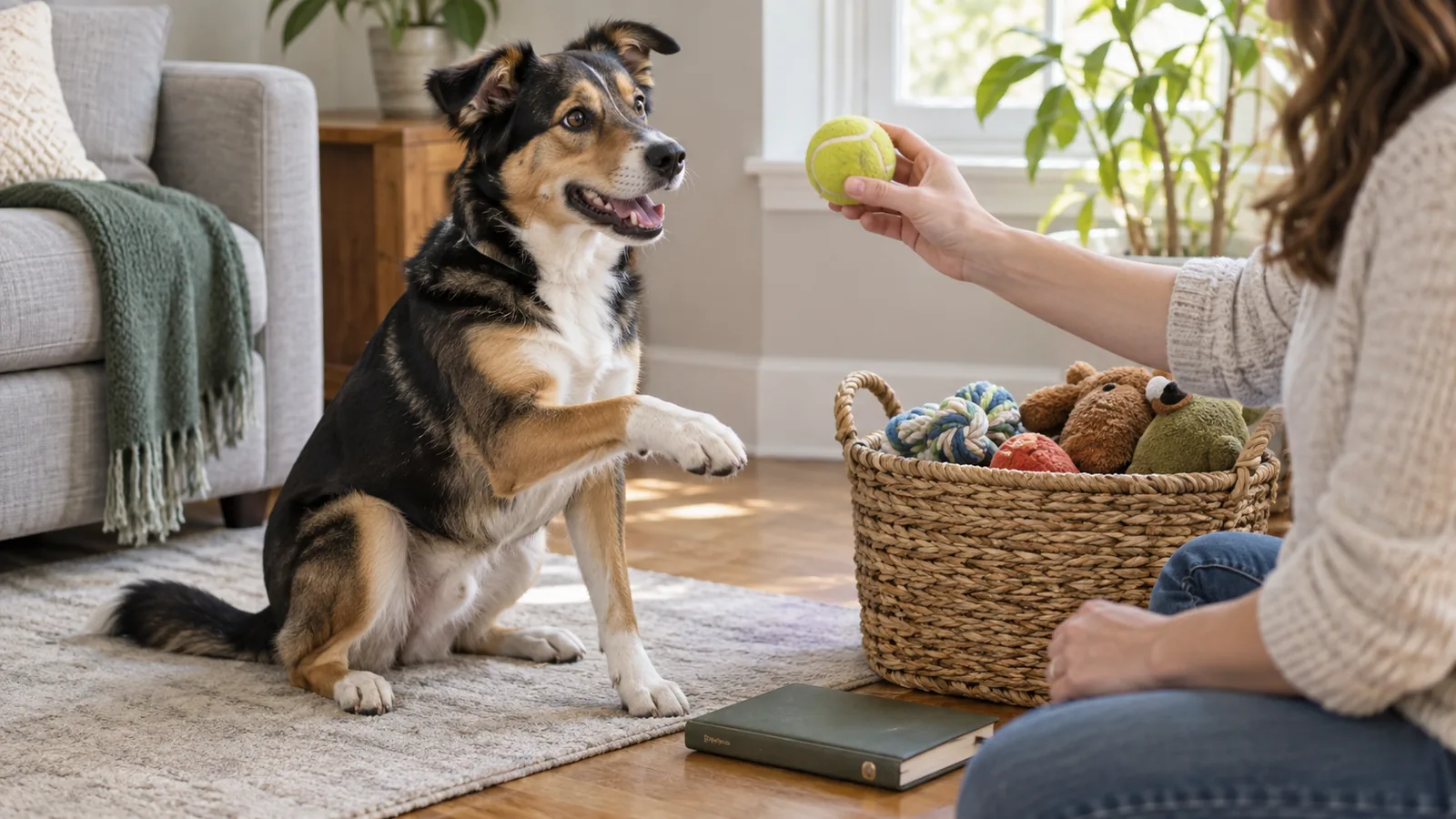 Tricolor mixed-breed dog seated with one paw raised toward a plain tennis ball, showing eager attention