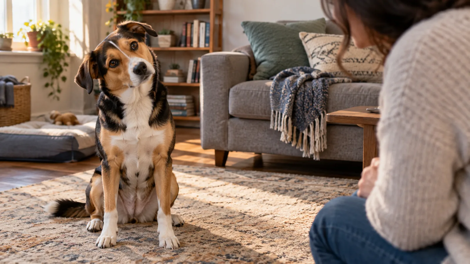 Photorealistic tricolor mixed-breed dog seated on a living-room rug with a brief curious head tilt while listening to an owner