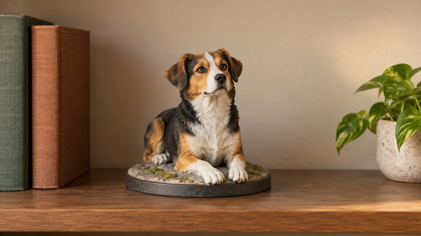 12 cm full-color 3D-printed tricolor dog model resting in a sphinx pose on a bookshelf beside books and a plant
