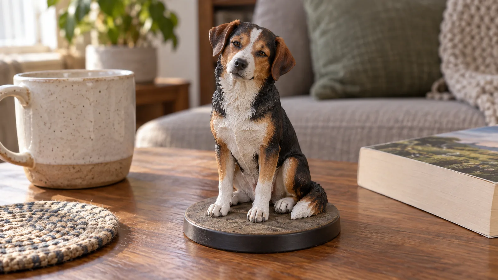 12 cm full-color 3D-printed tricolor dog model seated with a relaxed opposite head tilt beside a mug and paperback