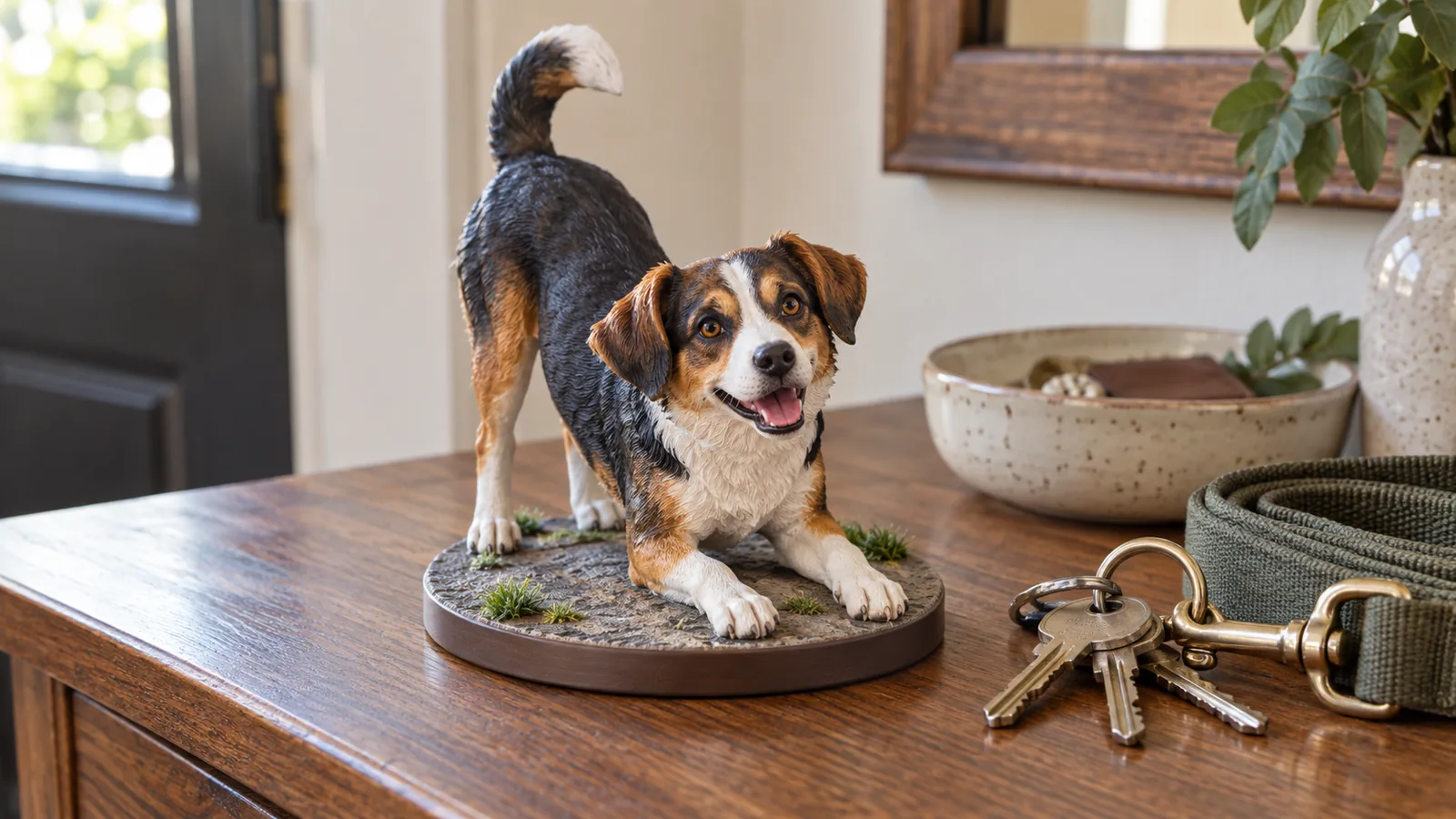 12 cm full-color 3D-printed tricolor dog model in a playful bow on a round base beside keys and a folded leash