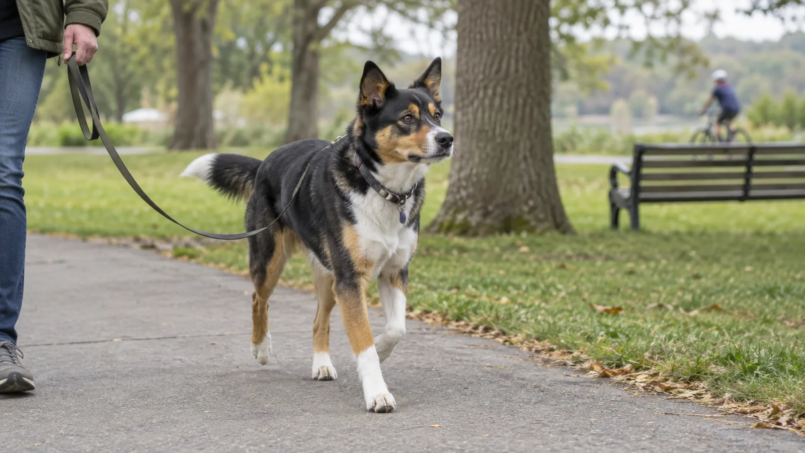 Tricolor mixed-breed dog trotting on a park path with head level, ears forward, and one front paw lifted