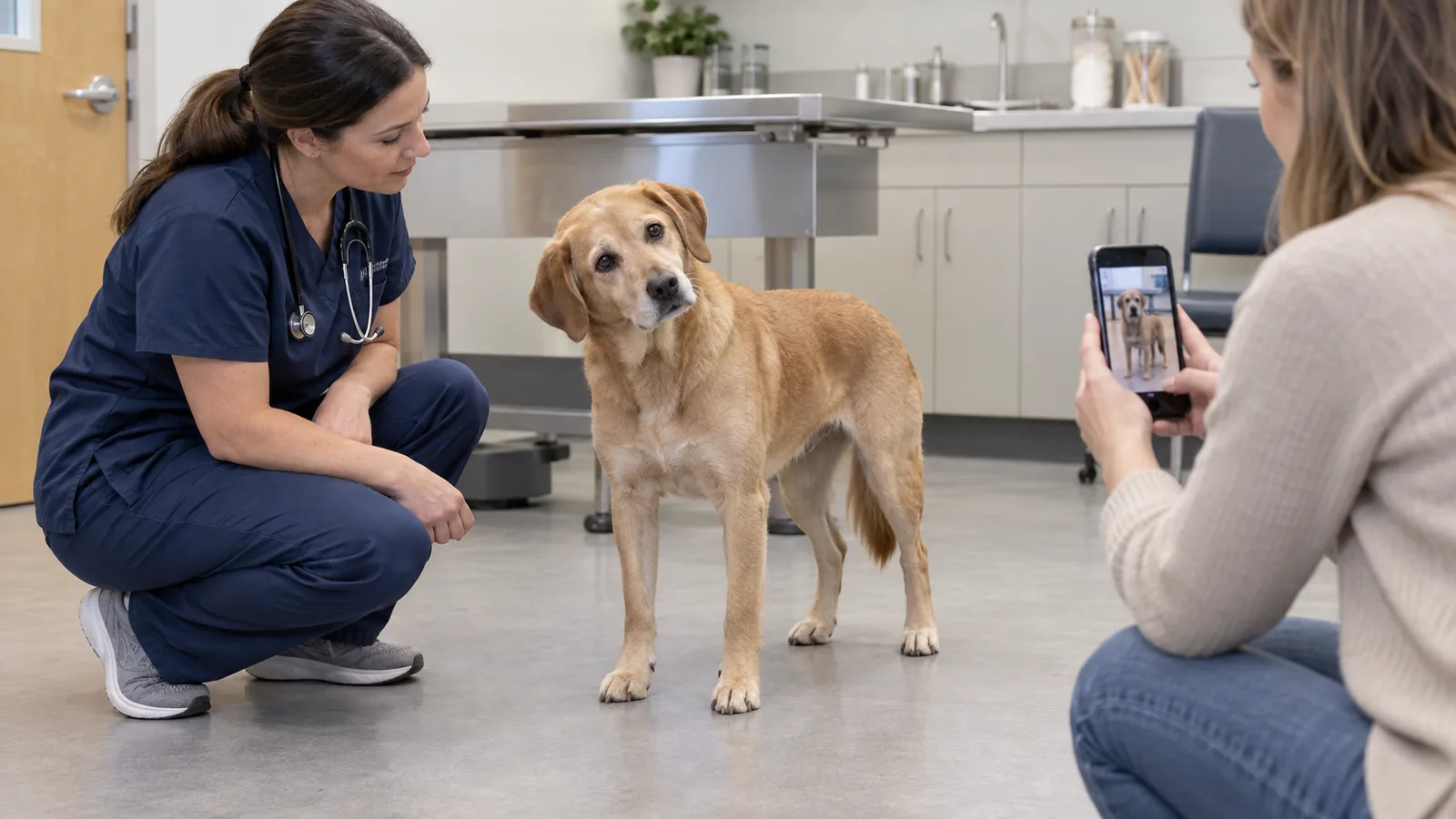 Tricolor mixed-breed dog standing evenly in a veterinary exam room while an owner records a short posture video