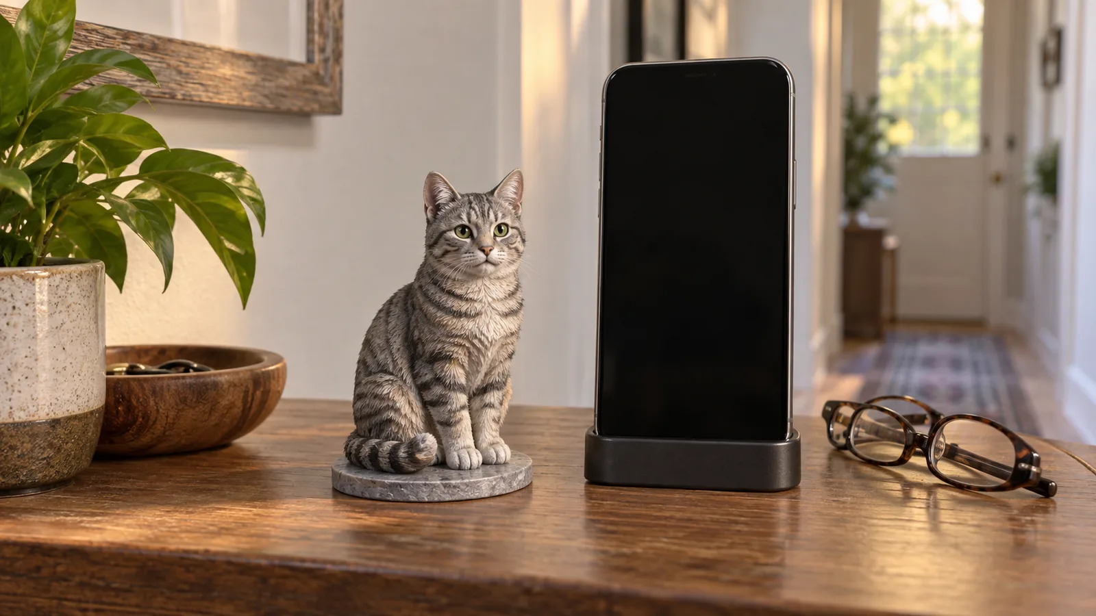 10 cm full-color 3D-printed gray tabby cat model beside a blank-screen phone on a hallway console