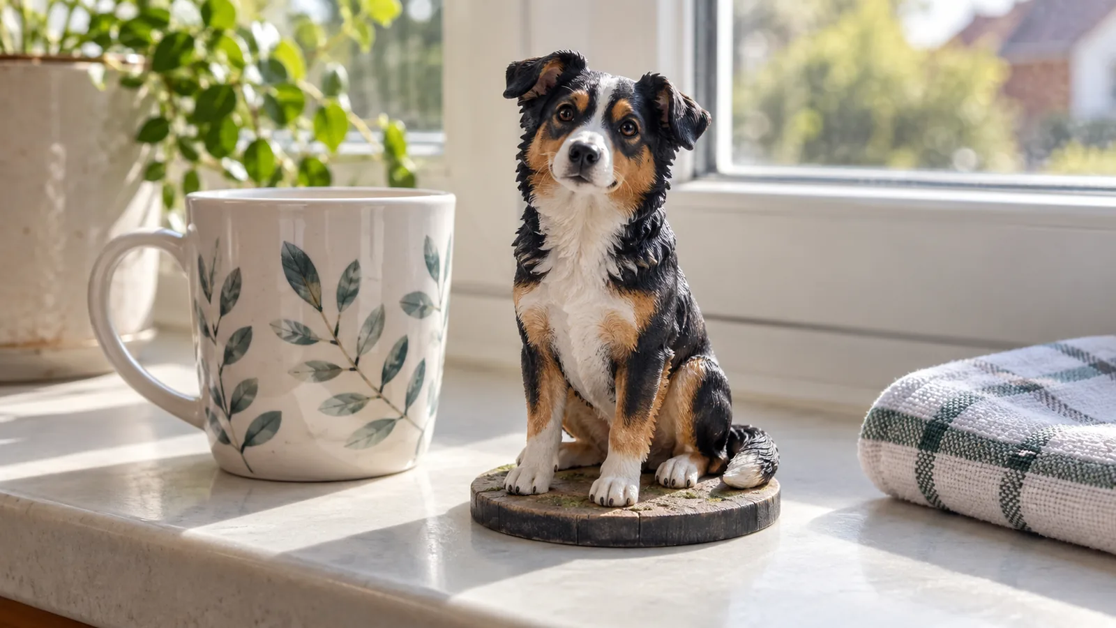 12 cm full-color 3D-printed tricolor dog model beside a ceramic mug on a kitchen windowsill