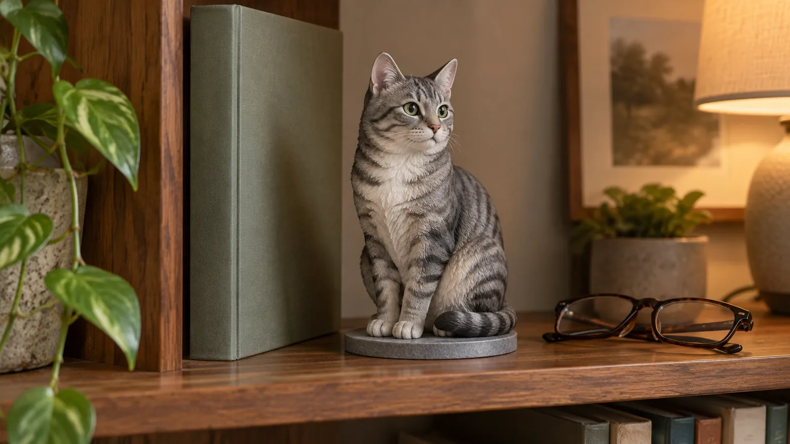 15 cm full-color 3D-printed gray tabby cat model beside a blank book on a reading shelf