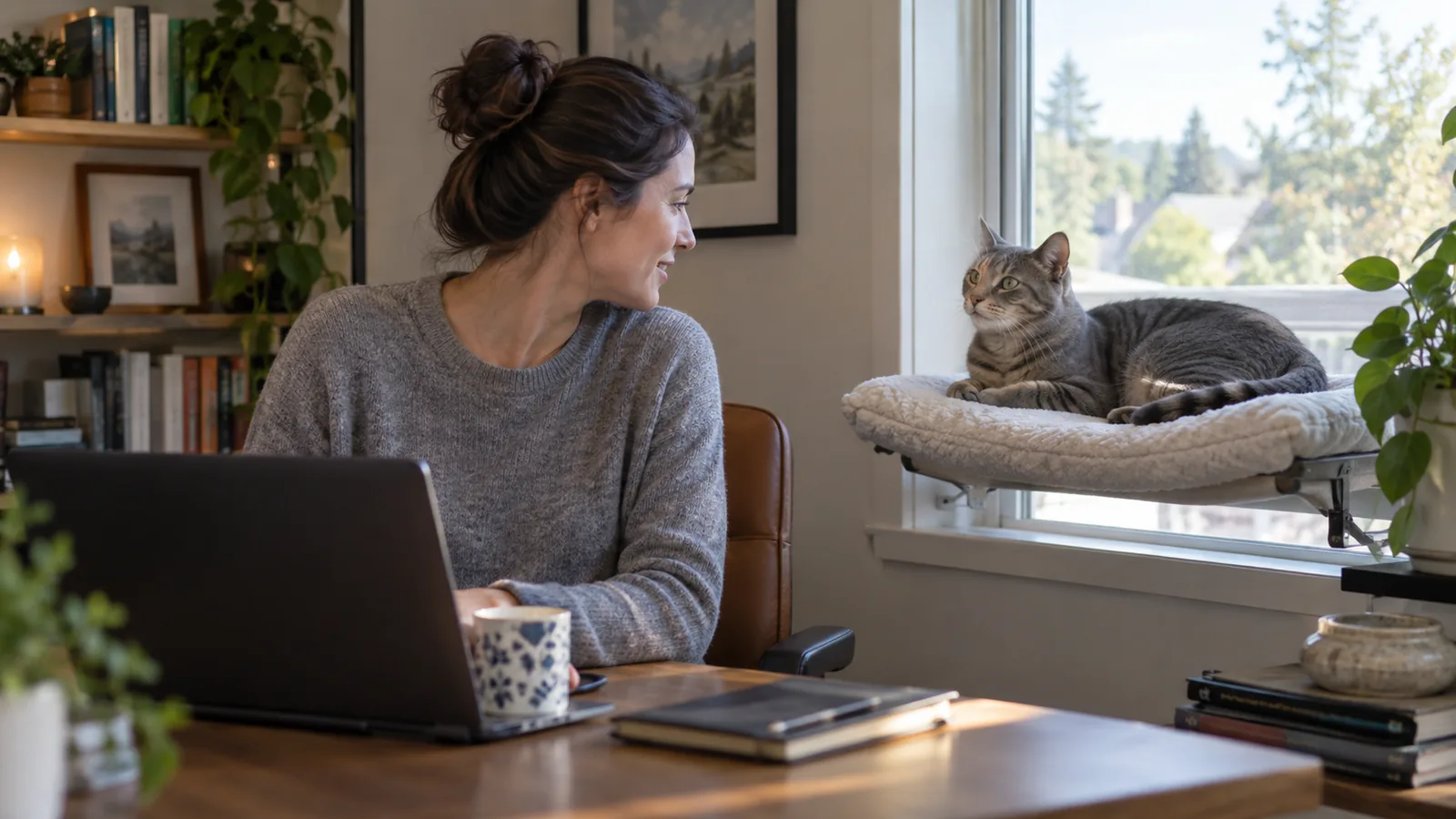 Woman turning from a home-office desk to speak to a gray tabby cat on a window perch