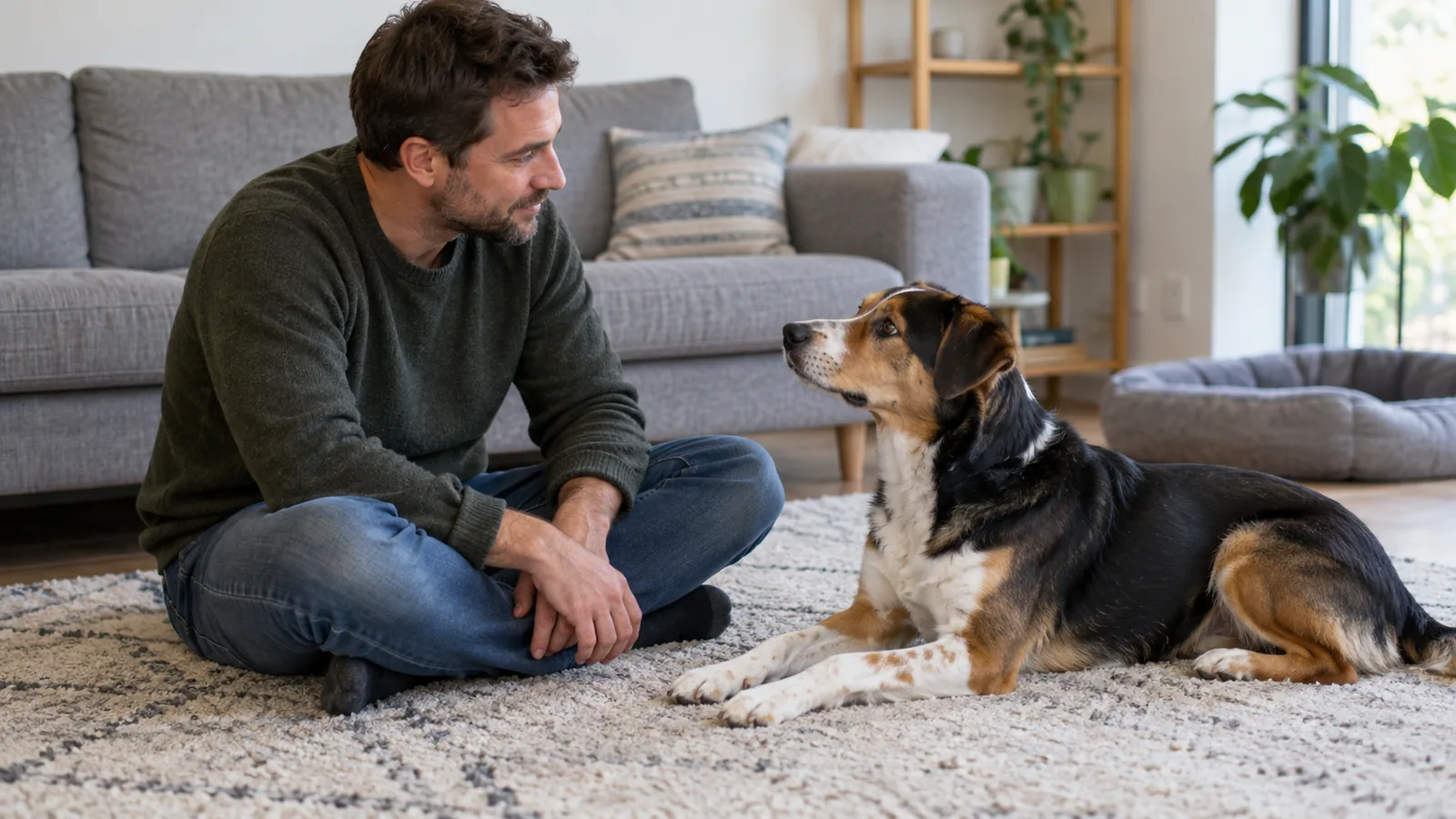 Man seated on a living-room rug speaking calmly to an attentive tricolor dog