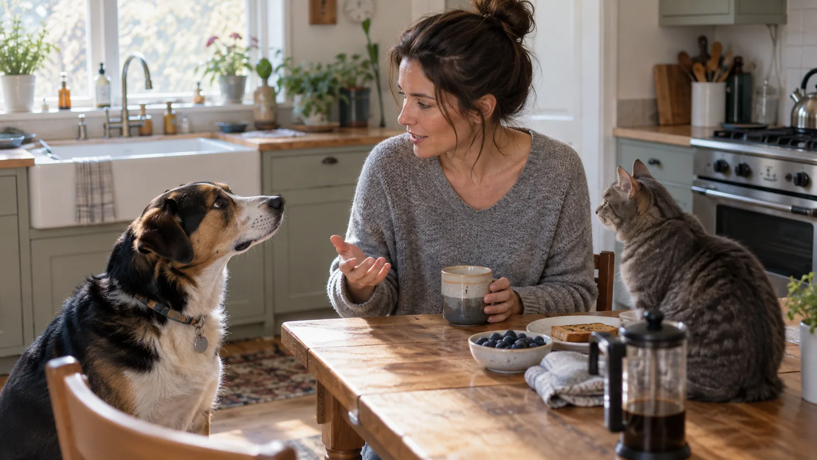 Woman talking with an attentive tricolor dog and gray tabby cat at a kitchen table