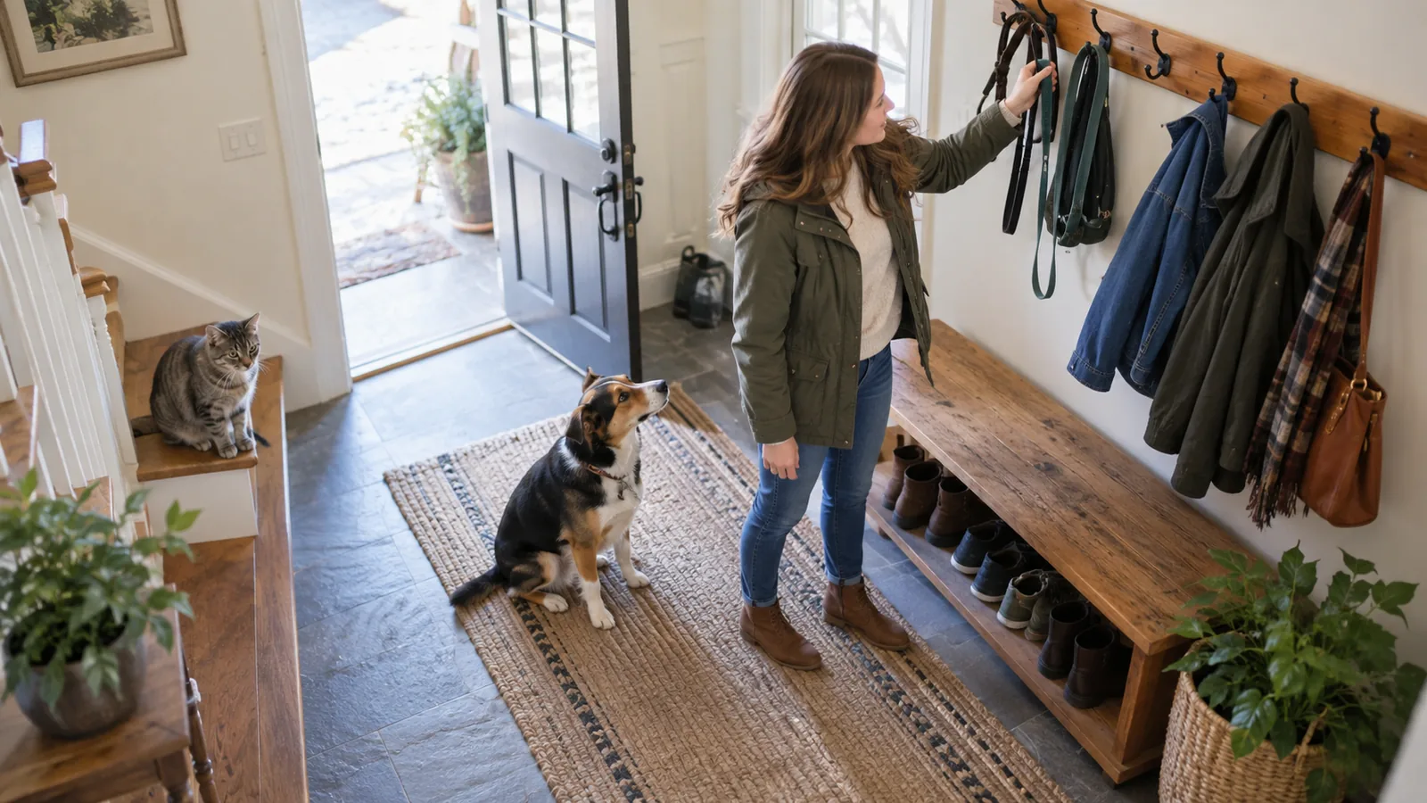 Woman reaching for a leash while a tricolor dog waits and a gray tabby cat watches from the stairs